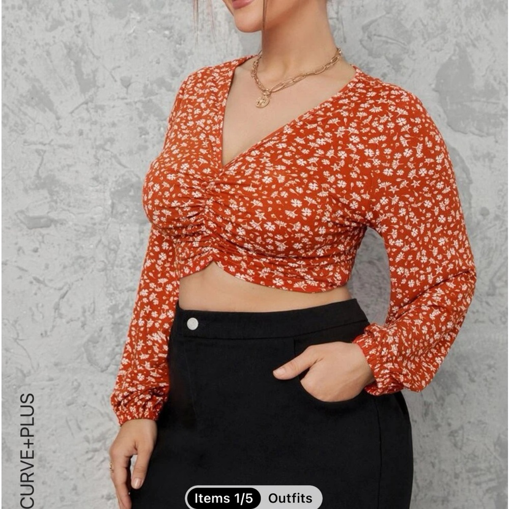 Shein plus Ditsy Floral Lantern Sleeve Ruched Crop Top.